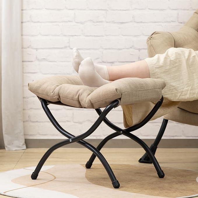 HollyHOME Lazy Chair with Foldable Ottoman Accent Comfy Lounge Armchair and Folding Footrest Stool Leisure Sofa Reading Chair and Footstool for Living Room Bedroom DormCotton-Linen Tan