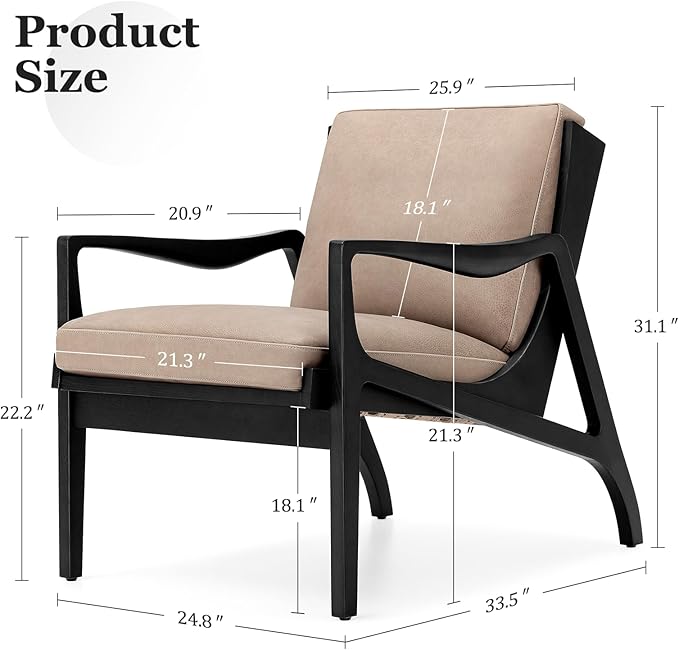 Genuine Leather Accent Chair with Ash Wood Frame Mid Century Modern Armchair Genuine Leather Accent Lounge Chair with Thick Cushioned Seat for Living Room Bedroom or Office
