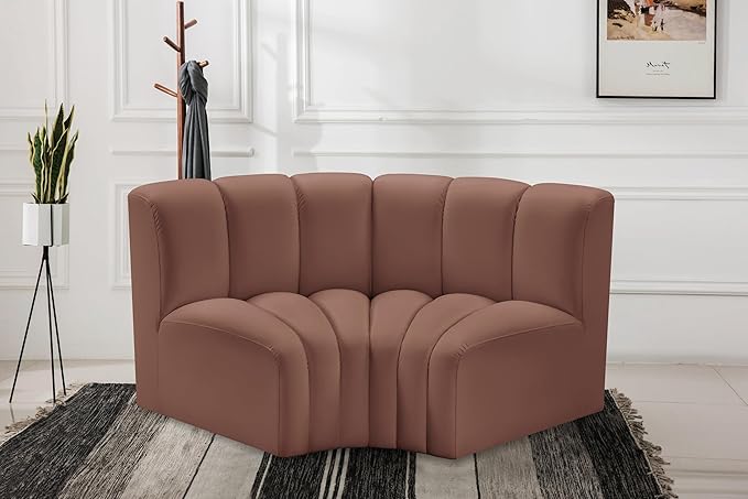 Meridian Furniture 101Cognac-S2B Arc Collection Modern | Contemporary Modular Sofa with Soft Cognac Vegan Leather Deep Channel Tufting Modular Design 60 W x 33 D x 30 H Cognac