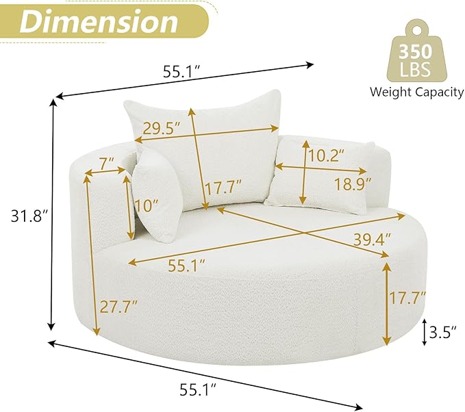 55 Oversized Round Swivel Chaise Longue Chair Indoor Modern 360 Degree Swivel Upholstered Chenille Deep Seat Circle Comfy Single Cloud Sofa Chair for Living Room Bedroom Apartment Office Beige