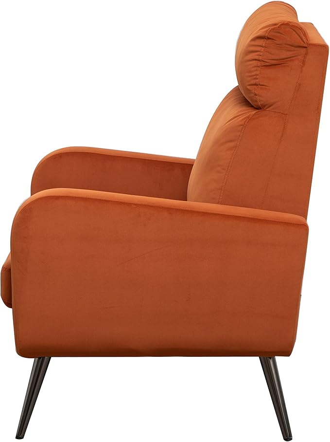 Velvet Accent Chair Modern Living Room Armchair Bedroom Dorm Reading Reception Room Comfort Upholstered Sofa Chair Black Metal Legs Orange