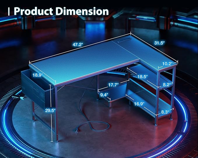 ODK 48 Inch Small L Shaped Gaming Computer Desk with Power Outlets Corner Desk with Reversible Storage Shelves &amp PC Stand for Small Space Modern Simple Home Office Table Carbon Fiber Surface B