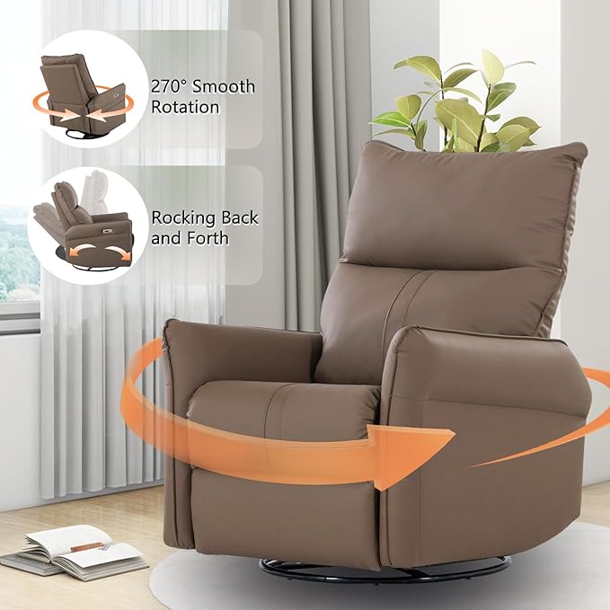 cinkehome Power Swivel Rocker Recliner with USB Overstuffed Electric Reclining Chair Faux Leather Rocker Recliner for Nursery Living Room Brown