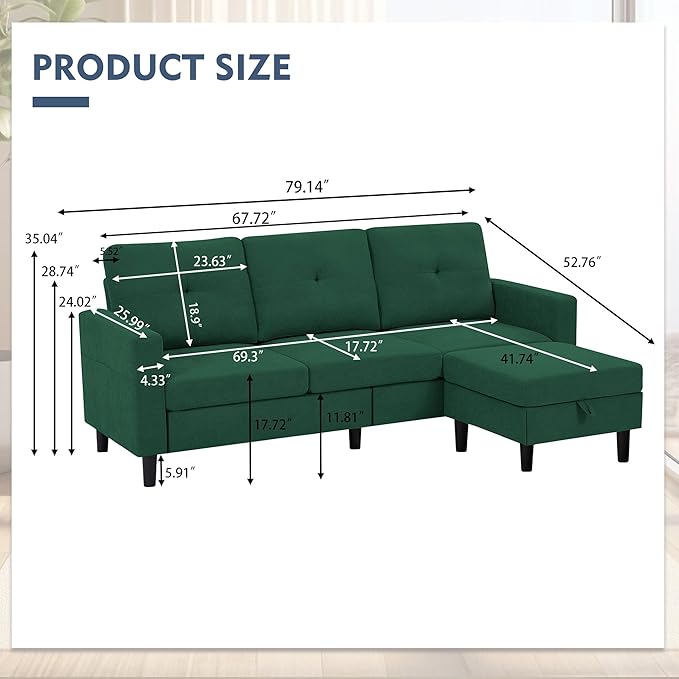 79 Convertible Sectional Sofa Small L Shaped 3 Seat Couch with Storage Chaise and Side Pocket Modern Linen Fabric Reversible Sofa Couches for Living Room Apartment and Small Space