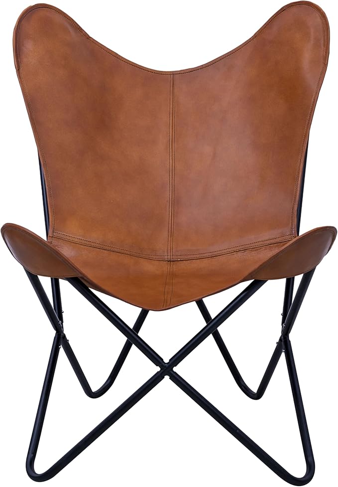 Shy Shy Let’s Touch The Sky Butterfly Chair - Tan Leather Living Room Chair with Black Metal Base (Iron Frame with Tan Cover)