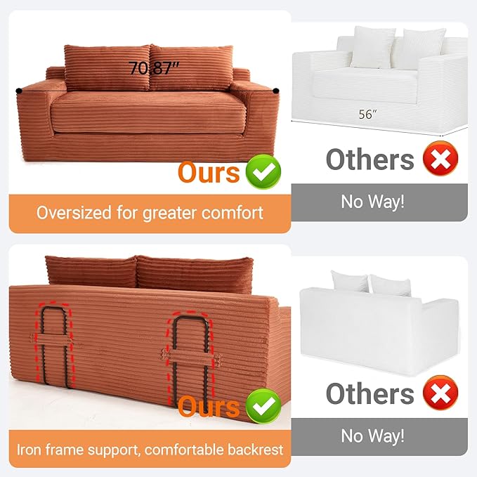 Boneless Couch 2 in 1 Convertible71 Corduroy Cloud Loveseat SofaMemory Foam Couch in a BoxNo Assembly Small Sofa for Living RoomApartments Home OfficeBedroom-Orange
