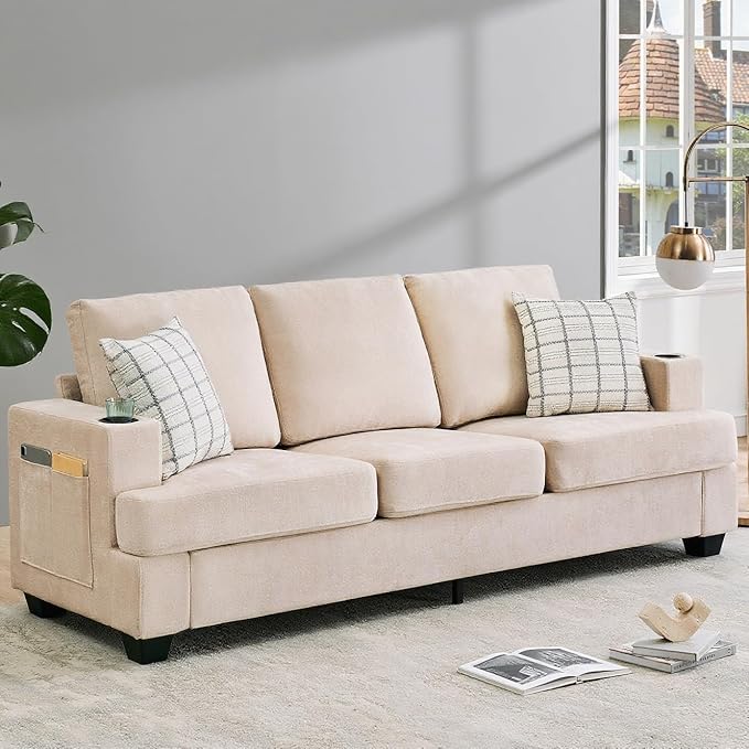 GarveeHome Modern 89 in 3-Seater Sofa for Living Room Comfy Couches with Deep Seat Chenille Couch with Cup Holders and Side Storage Pockets for Apartment Lounge Beige