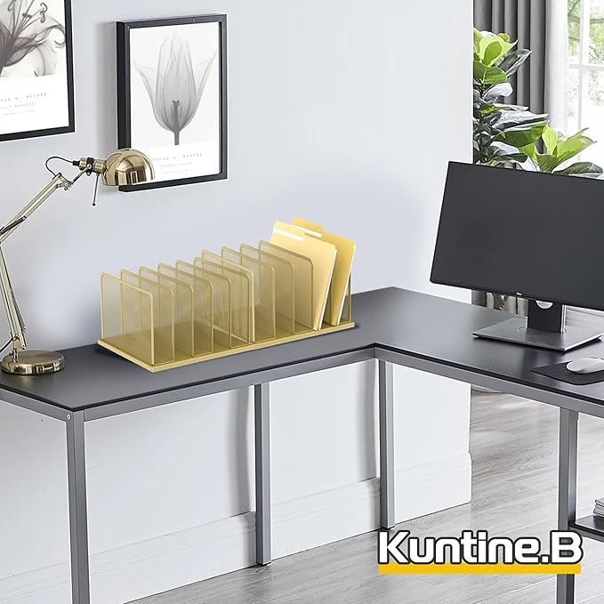 Kuntine.B Desk File Organizer Upright Mesh Desktop Organizer File Sorter Office Organization File Holder for Home Office &amp Classroom (Gold 1 Pack 5-Section)
