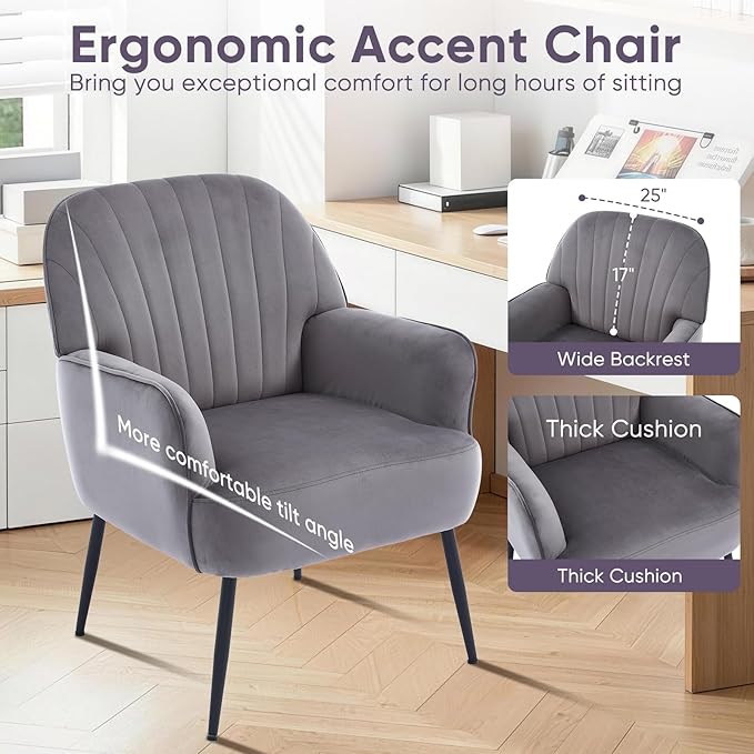 Velvet Accent Chair Upholstered Modern Leisure Single Sofa Side Chair Comfy Tufted Back Armchair with Metal Legs for Living Room/Bedroom/Office/Reading Room Grey