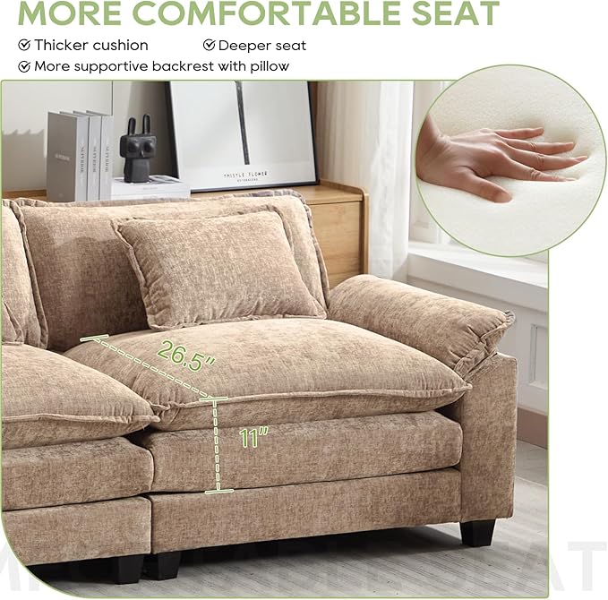 120 Modular Sectional Sofa Comfy Cloud Couch Sectional Sofa with Ottoman Chenille Sofa Sleeper Deep Seat Sofa with Throw Pillows for Living Room (Khaki 120- L Shape)