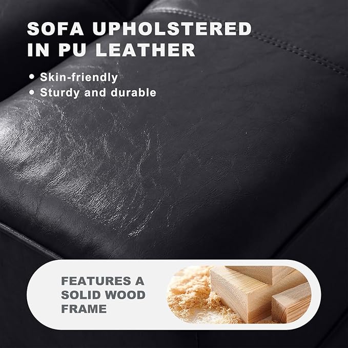55 Faux Leather Upholstered Sofa Entryway Ottoman Modern End of Bed Bench with Side Table 360-degree Swivel Tray Couch Window Bench with Metal Legs for Bedroom Living Room (Black)
