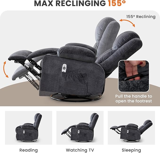 Swivel Recliner Chair for AdultsOversized Rocker Recliner with Massage and Lumbar HeatRocking Chair with Side Pocket2 Cup Holdersfor Living Room