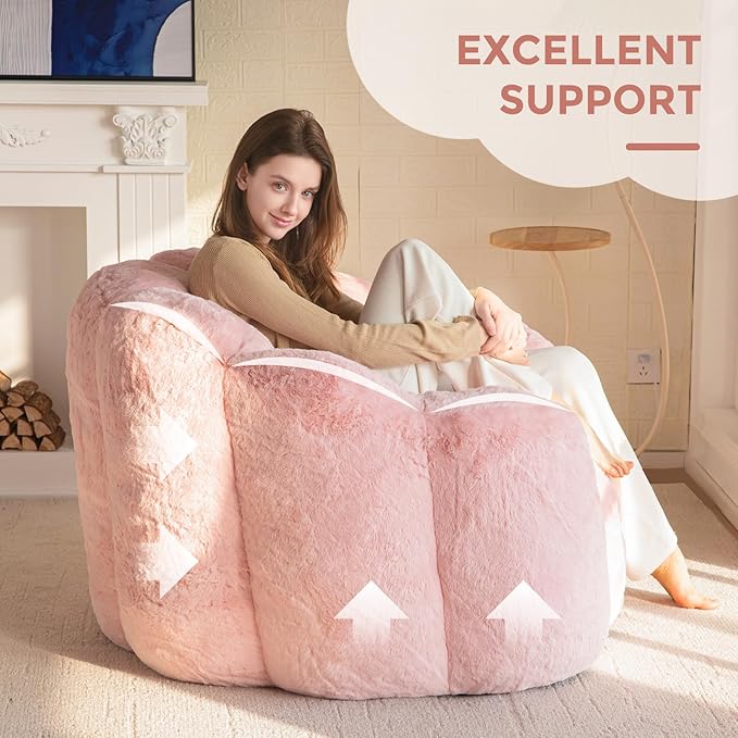 MAXYOYO Bean Bag Chair for Adults Floral Shaped Bean Bag Sofa Ultra Soft Faux Fur Floor Sofa Large Reading Chair for Living Room Bedroom Pink Single