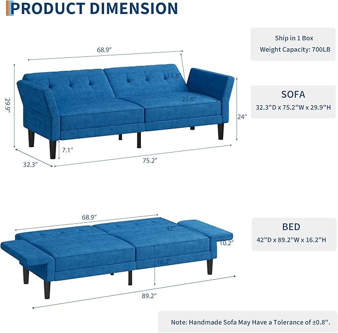 GarveeHome 89 Futon Sofa Bed Convertible Sleeper Sofa with Adjustable Backrest &amp Armrest Modern Futon Couch Bed Loveseat Sleeper for Living Room Bedroom Apartments Blue