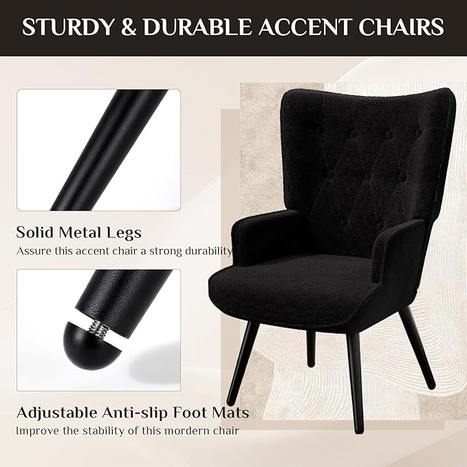 TLSUNNY Accent Chair Comfy Upholstered Armchair with Metal Legs High Backrest Living Room Chair Wingback Chair Mid Century Modern for Living Room/Vanity/Bedroom Teddy Fabric Black (1 pc)