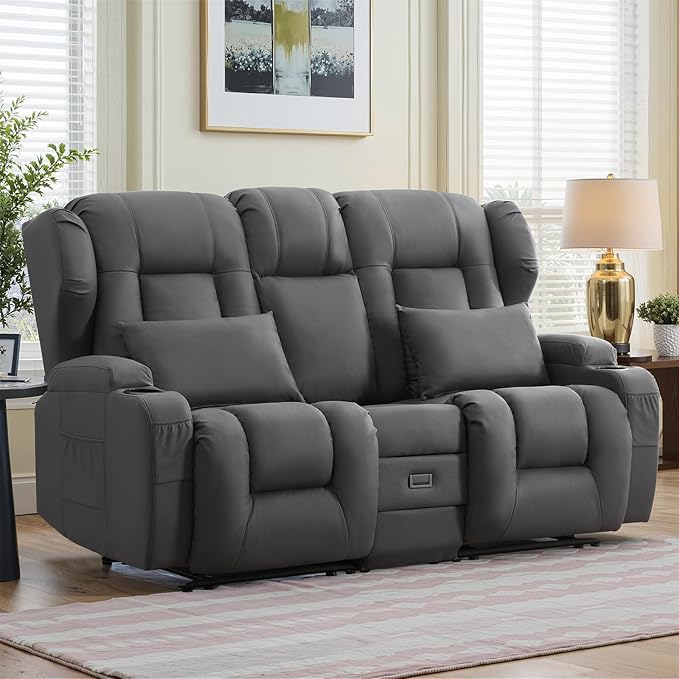 Loveseat Recliner Sofa with Flip-up ConsoleReclining Loveseat Sofa Wall Hugger Recliners for Small SpacesRV Recliner Couches for Living Room (Dark Gray 68''Loveseat with Console)