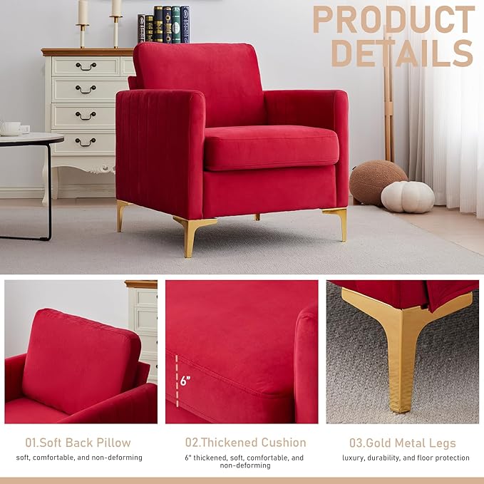 Velvet Accent Chairs Modern Accent Chairs with Gold Metal Legs Upholstered Reading Armchair Small Sofa Chair for Living Room Bedroom Office (Rose Red)