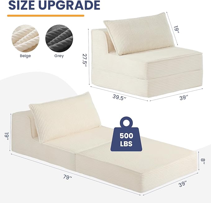 Convertible Sofa Bed Fold Out Loveseat Sleeper Sofa Chair with Pillow Folding Sofa Bed with Back Support Portable Chair Bed Comfy Floor Lounge Sofa for Living Room Bedroom Guest Room Beige