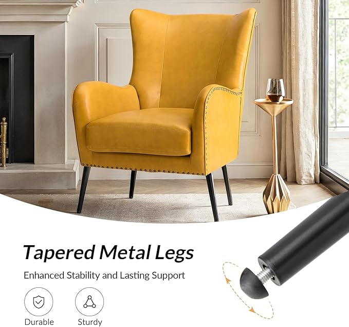 Upholstered Faux Leather Accent Chair with Black Metal Legs Comfy Armchair with Removable Cushion &amp Nailhead Trim Wingback Vanity Chair for Reading Living Room Bedroom