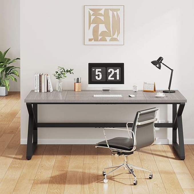 IBF 70 Inch Large Home Office Desk Industrial Long Executive Work Writing Study Computer Table Farmhouse Big Metal Wood Double Desk for Bedroom Living Room Rustic Dual Monitor Desk Light Grey