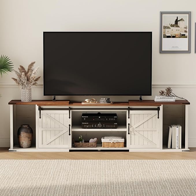 Extendable TV Stand Entertainment Center for 85 95 105 Inch TV Farmhouse TV Stand with Large Capacity Storage and Sliding Doors Media Console for Living Room Length 86-113 White