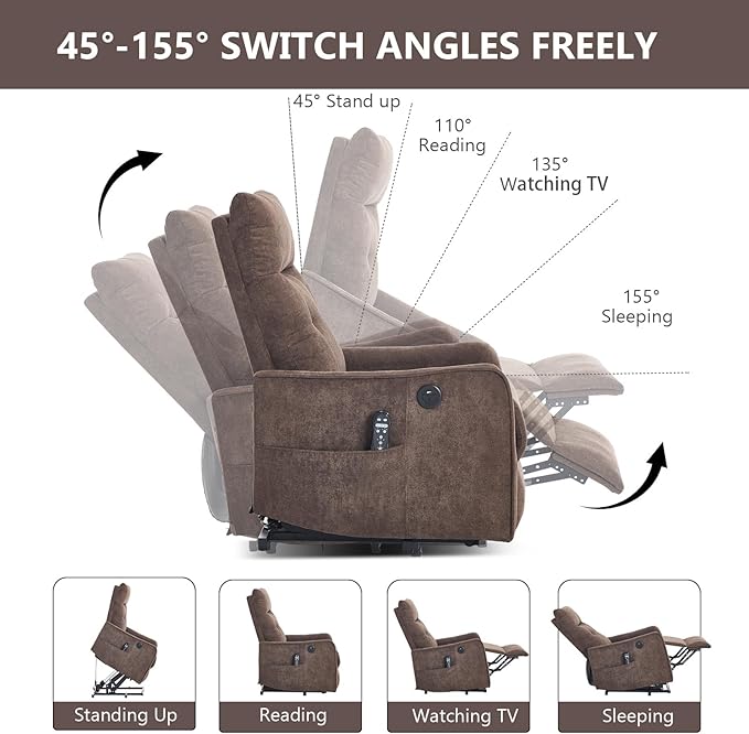 Small Power Lift Chair Recliner for Elderly Petite Power Recliner Chair with Massage and Heat | USB | High Back | Push Button | Side Pockets Liviing Room Easy Assembly (Chenille Brown)