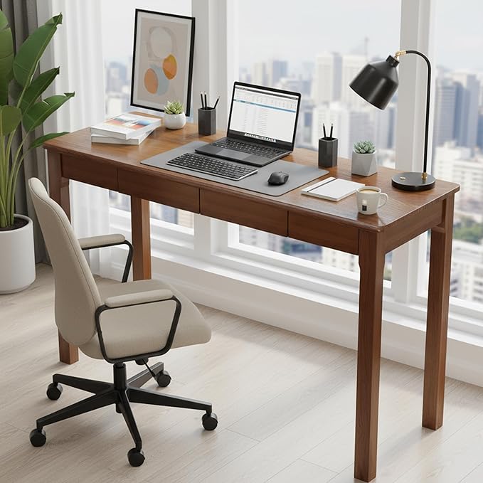 Wood Desk Solid Wood Writing Table for Home Office Mid Century Modern Desk with Drawers Walnut (47inch / 120cm)