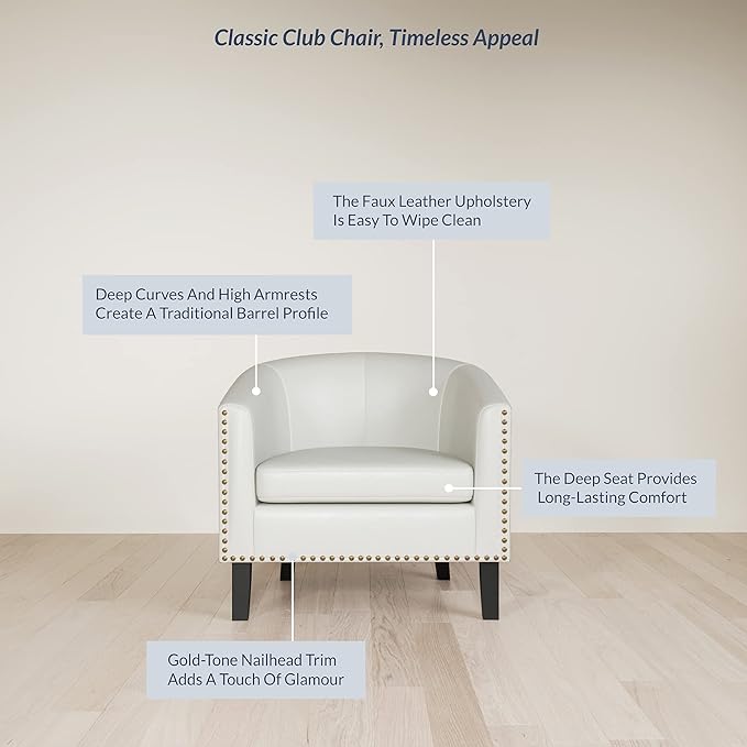 BELLEZE Accent Barrel Chair Modern Tub Club Chair Upholstered Armchair for Living Room Faux Leather Chair with Gold Nail Head Trim Black Legs - Kyara (White)