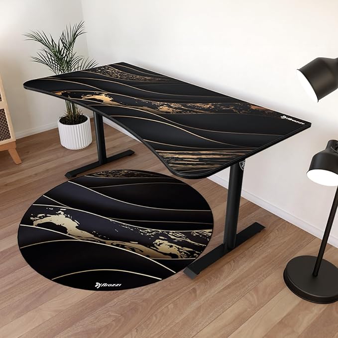 Arozzi Arena Special Edition Ultrawide Curved Gaming and Office Desk with Full Surface Water Resistant Desk Mat Custom Monitor Mount Cable Management Cut Outs - Black Gold