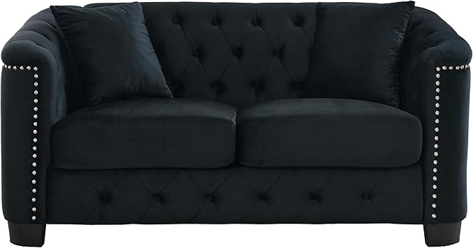 KEIKI 59 Chesterfield Sofa 2 Seater Retro Velvet Couch with Nailhead Arms Tufted Backrests 2 Cushions for Living Room Bedroom Office Apartment Black