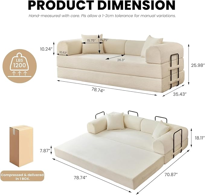 2026 Upgrade Convertible Sofa Bed 79 Inch Boneless Couch with Fixed-Shape Frame Corduroy Fabric with High Backrest Floor Sofa Modular Futon Couch for Living Room Bedroom Lounge (White) | High Backr