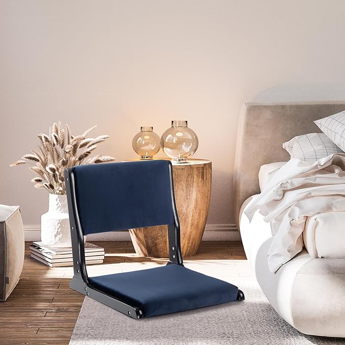 HollyHOME Foldable Tatami Chair Upholstered Japanese Style Floor Chair Wood Legless Back Rest Chair with Cushion Accent Meditation Floor Seat for Bay Window Living Room Bedroom Dark Blue