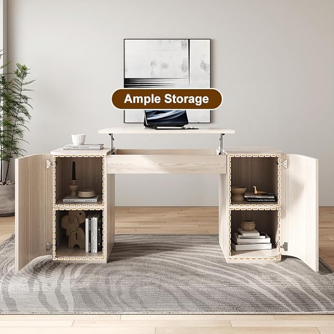 homary 59.8 Modern Standing Desk Home Office Desk Engineered Wood Office Desk with Lift-Top &amp Ample Storage for Office Study Wash White