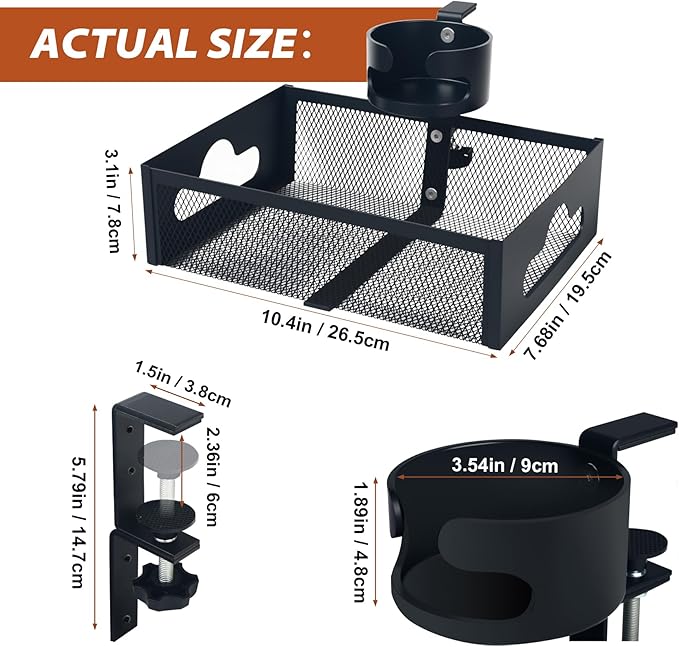 Under Desk Organizer 360° Swivel with Cup Holder Clamp-On No Drill Installation Sturdy Mesh Storage Drawer for OfficeDrawing Room and Kitchen RoomArt Supplies and More (Black) (with Cup Holder)