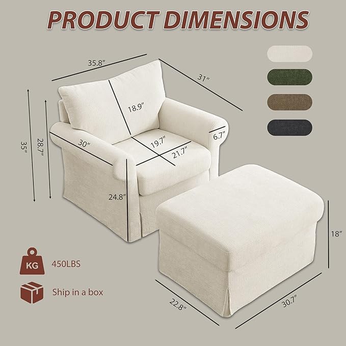 Modern Accent Chairs with Ottoman Set Comfy Chenille Reading Armchair with Rolled Arms and Cushion Backrest 35.8 W Single Living Room Chairs for Bedroom Study Apartment Beige