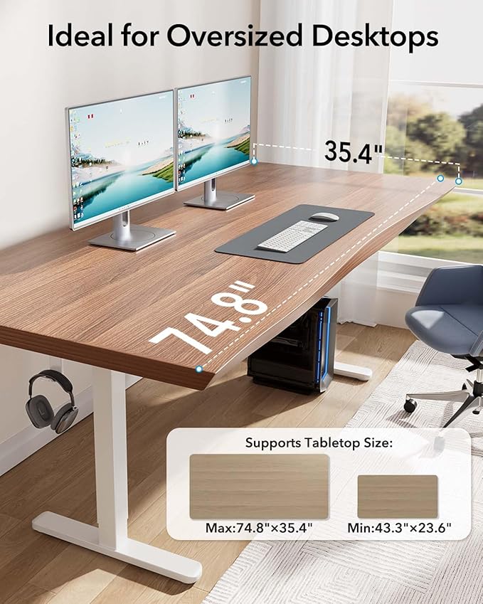 HUANUO Standing Desk Frame with 220lbs Powerful Brushless Motor Thick T-Shaped Adjustable Desk Legs Made of Automotive-Grade Steel for Max 75″ x 35″ Desktop for Home Office White Frame Only