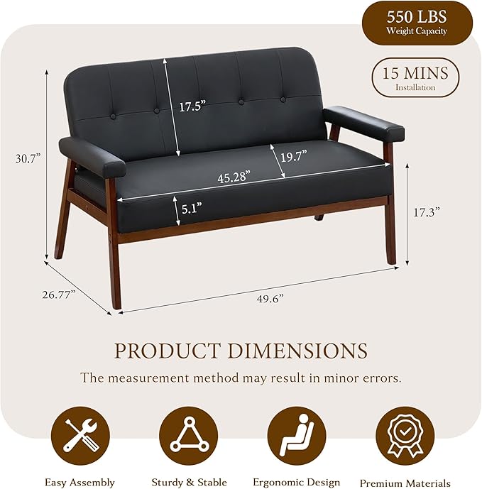 STHOUYN 50”W Black Faux Leather Small Office Couch Loveseat Sofa with Wood Arms Mid Century Modern Love Seat Sofas Lounge Armchair Living Room Bedroom (Black (loveseat))