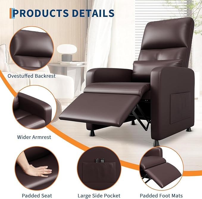 Power Recliner Chair Adjustable Electric Recliner Chair with Tall Back &amp Overstuffed Padding PU Leather Single Sofa with 2 Side Pockets &amp USB Port Home Theater Seating for Living Room Brow