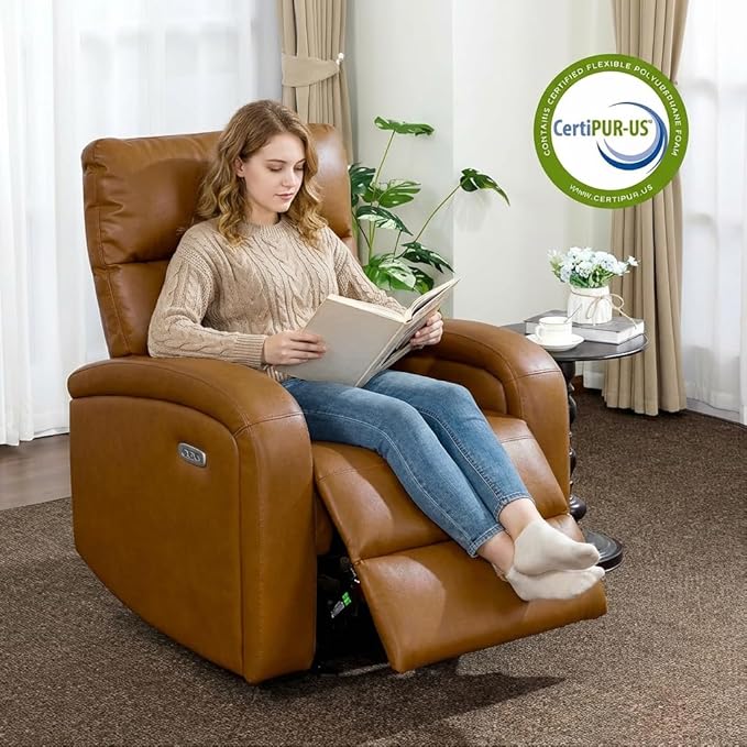 MCombo Zero Wall Recliner Chair Power Wall Hugger Recliner with USB &amp Type-C Dual Charge Ports for Small Space Living Room RV PR644 (Cognac Brown)