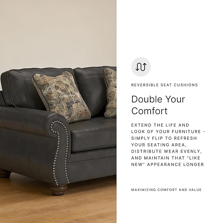 Signature Design by Ashley Chatterton Rustic Faux Leather Loveseat with Nailhead Trim and 2 Throw Pillows Reinforced Frame for Added Stability Reversible Seat Cushions Turned Legs Dark Gray