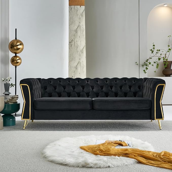 Modern Velvet Couch for Living Room 87.4 Inch Long Tufted Oversized Sofa Decor with Golden Metal Legs (Black)