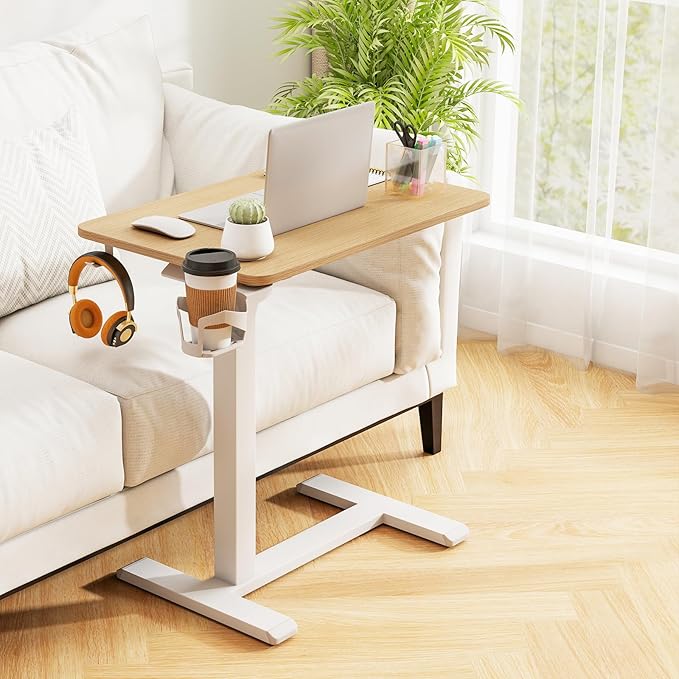 Tangkula Mobile Standing Desk Pneumatic Height Adjustable Rolling Desk with Cup Holder &amp Headphone Hook Overbed Table with Hidden Wheels Laptop Computer Cart for Couch Home Office (Natural)