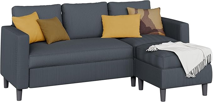 Shintenchi Convertible Sectional Sofa CouchL-Shaped Modular Sofas with Reversible Ottoman3-Seat Upholstered Corduroy Sofa CouchSmall Couches for ApartmentLiving Room and Office(Dark Grey)