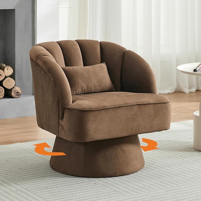 Swivel Barrel Chair - Velvet Upholstered Modern Armchair with Striped Backrest &amp Plush Padding Round Lounge Chair for Living Room Bedroom Small Spaces Brown - (1 Pcs)