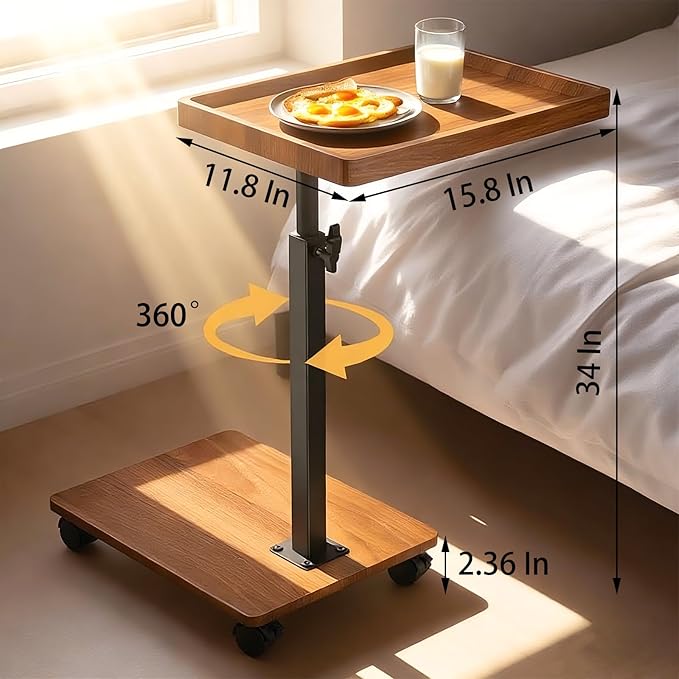 Adjustable Height Couch Tables That Slide Under Sofa 360° Swivel Modern Tv Tray Table with Wheel C Shaped End Table for Couch C Table for Small Place Perfect for Livingroom Bedroom