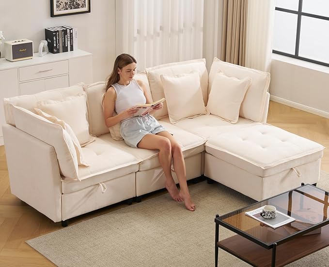 103 Modular Sectional Sofa L-Shaped Corduroy Comfy Sectional Couches for Living Room 3-Seater Cloud Couches with 1 Ottoman Modern Deep Seat Sofa with Large Storage Beige