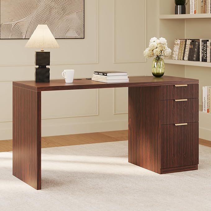 FURSUN 58 Modern Executive Desk with Storage Home Office Desk with Drawer &amp Cabinet Wooden Fluted Desk for Study Living Room Bedroom Dark Walnut
