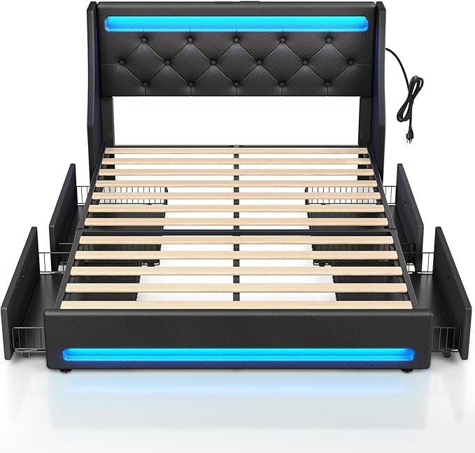 Rolanstar Queen Bed Frame with LED Lights and Charging Station PU Leather Bed with Drawers Wooden Slats Noise Free Easy Assembly Black