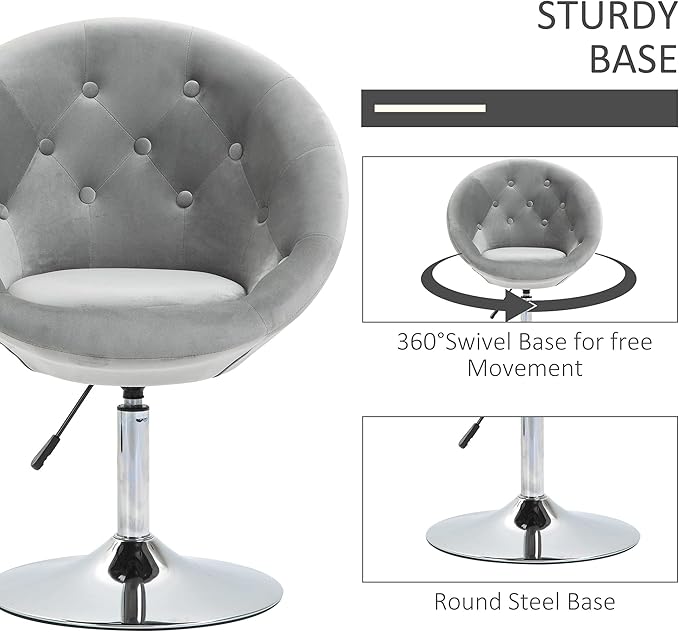 Modern Makeup Vanity Chair Round Tufted Swivel Accent Chair with Chrome e Height Adjustable for Living Room Bedroom Gray