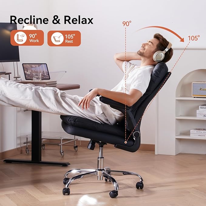 LEAGOO Comfy Office Chair with Padded Flip-up Arms Mid Back Executive Ergonomic Desk Chairs Faux Leather Computer Rolling Chair with Wheels for Home Adjustable Height 360 Swivel 300lbs Black